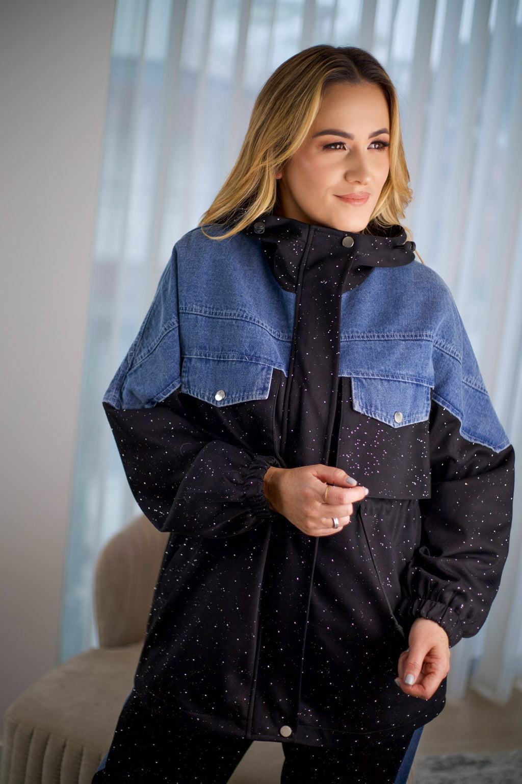 Conjunto de chaqueta y pantalón en tela de algodón, jean y brillo, talla única