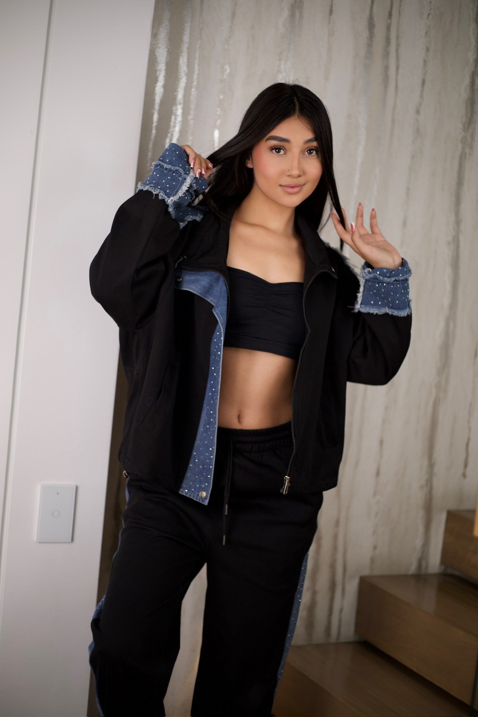 Conjunto de chaqueta y pantalón en tela de algodón, jean y brillo, talla única