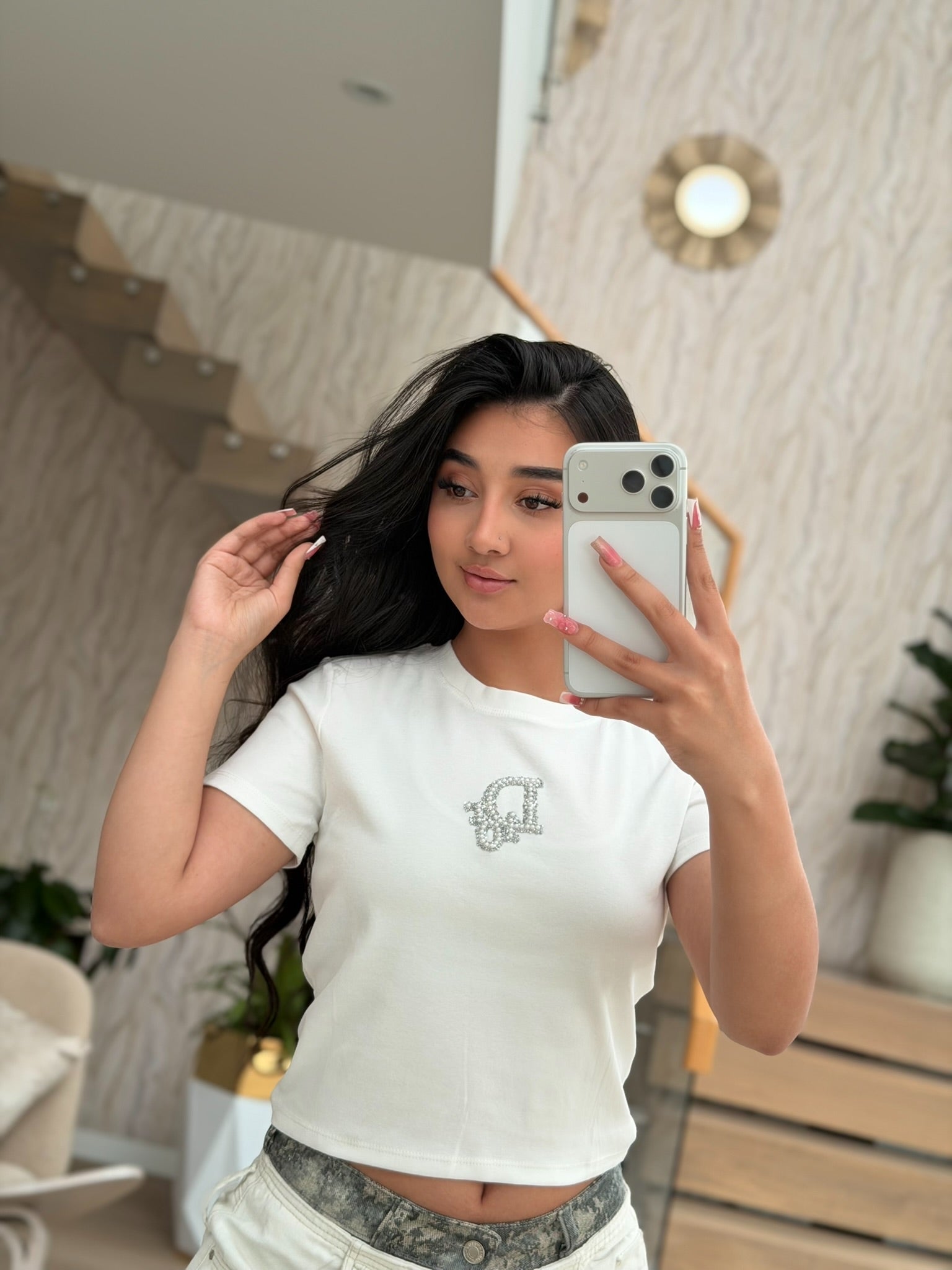 Camiseta corta con apliques en brillo, talla única