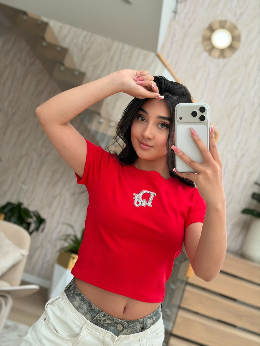 Camiseta corta con apliques en brillo, talla única