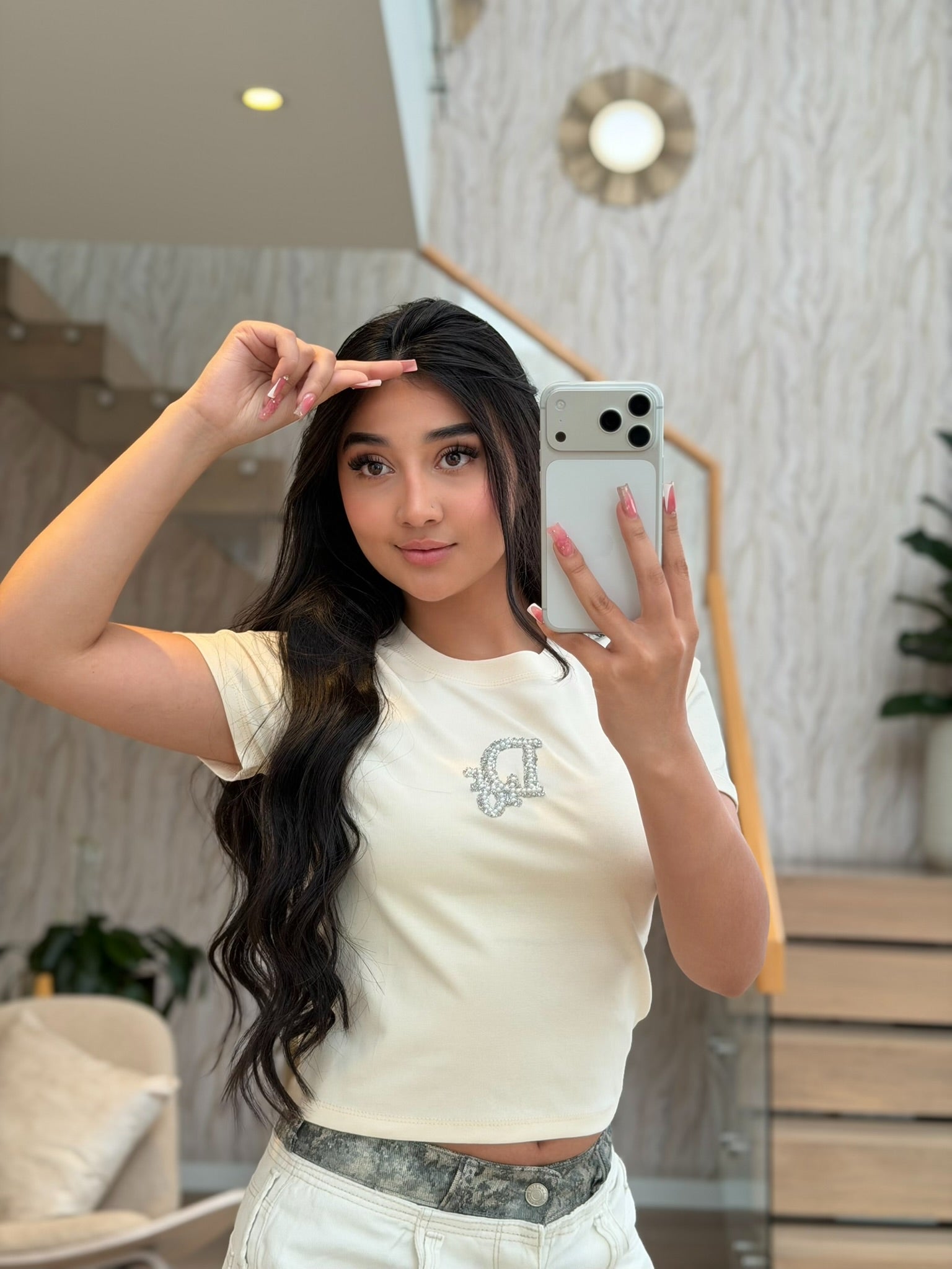Camiseta corta con apliques en brillo, talla única