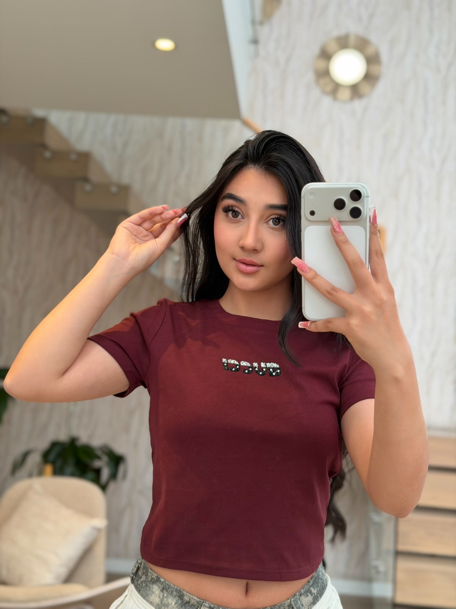 Camiseta corta con apliques en brillo, talla única