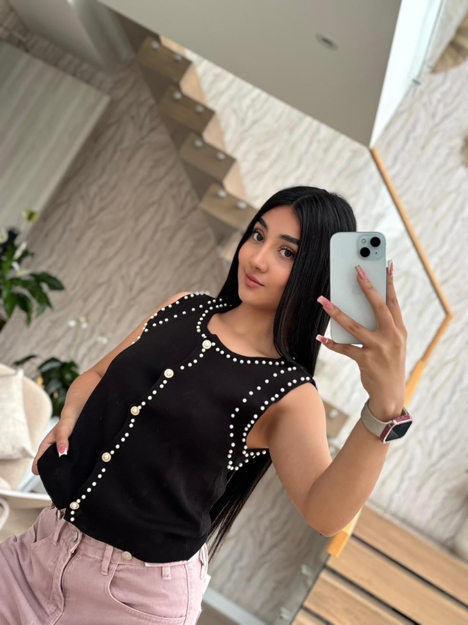 Blusa corta en hilo y perlas, talla única