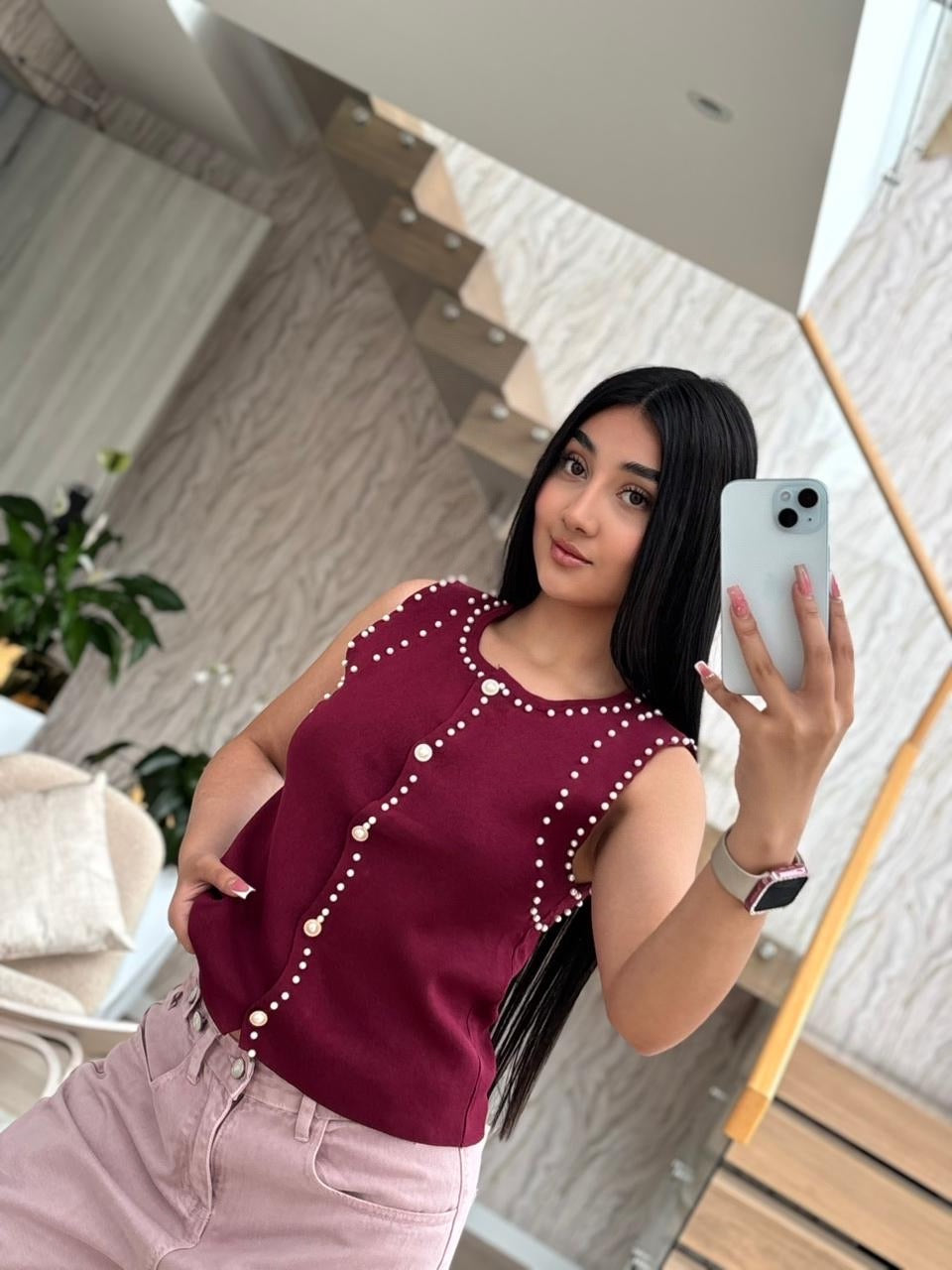 Blusa corta en hilo y perlas, talla única
