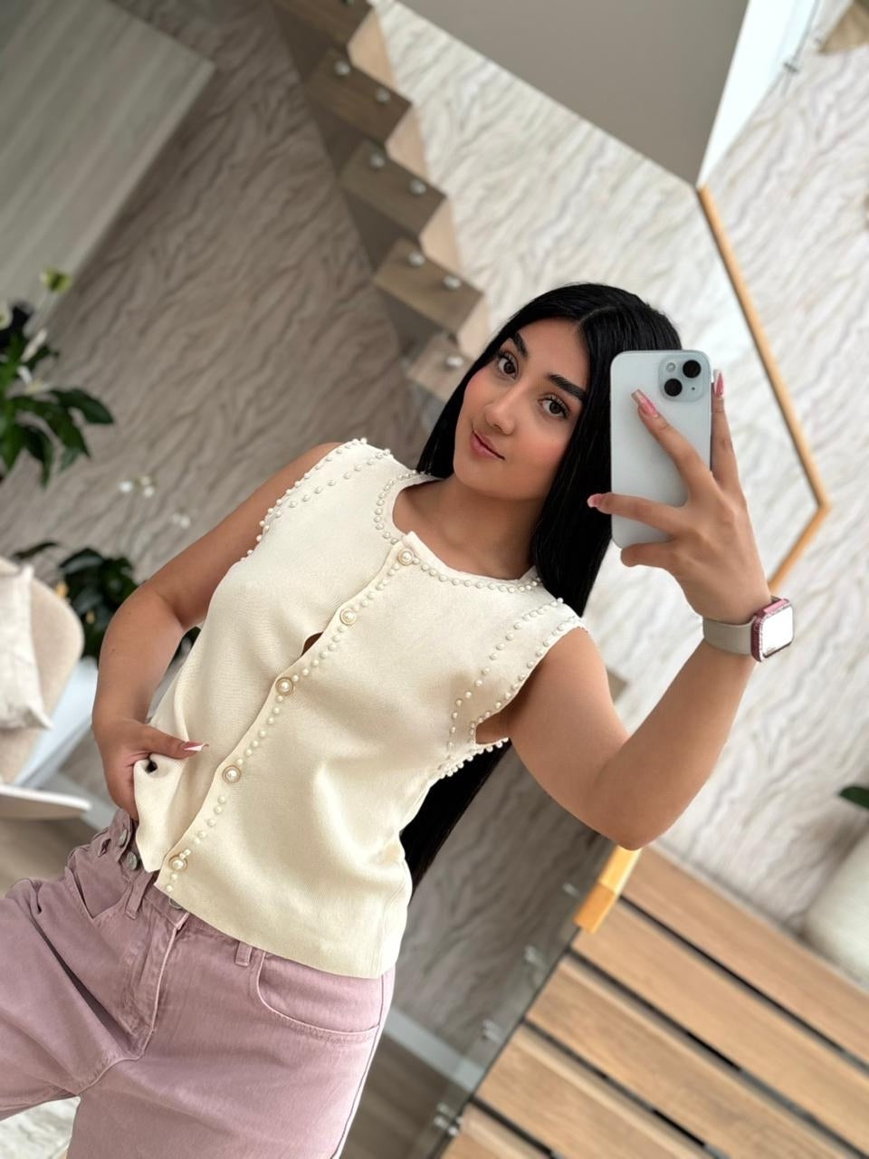 Blusa corta en hilo y perlas, talla única