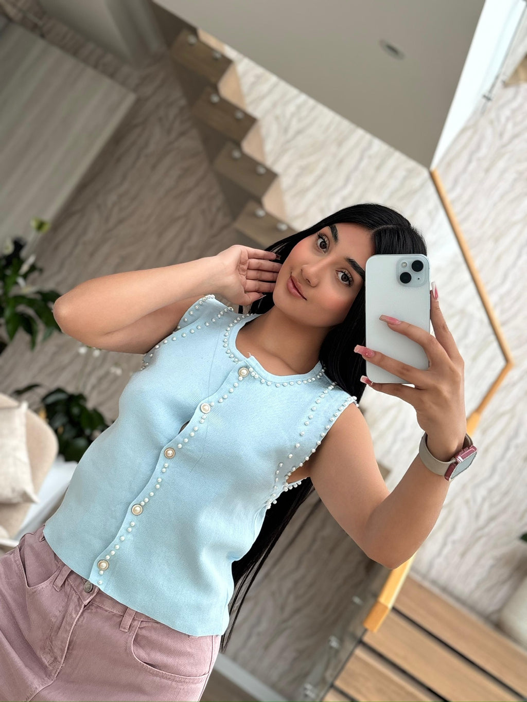 Blusa corta en hilo y perlas, talla única