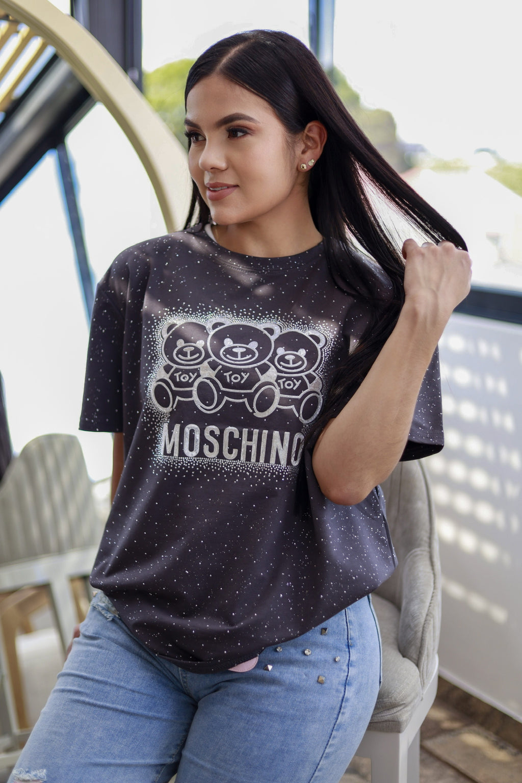 Camiseta oversize unicolor con brillos y estampado de osos