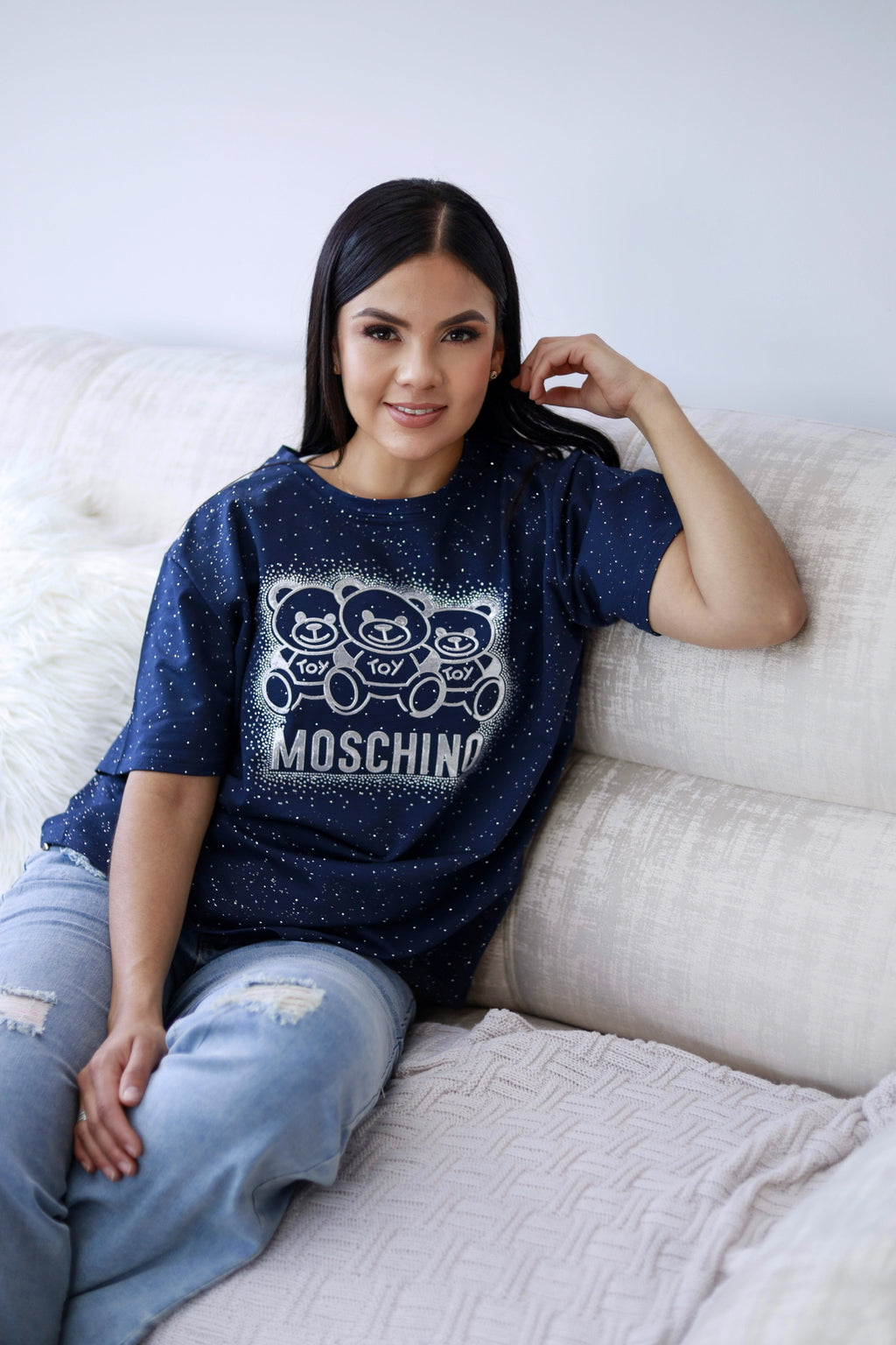 Camiseta oversize unicolor con brillos y estampado de osos