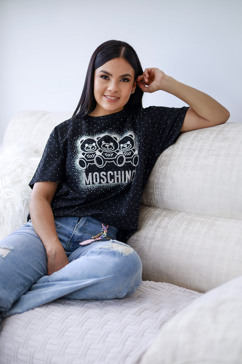 Camiseta oversize unicolor con brillos y estampado de osos