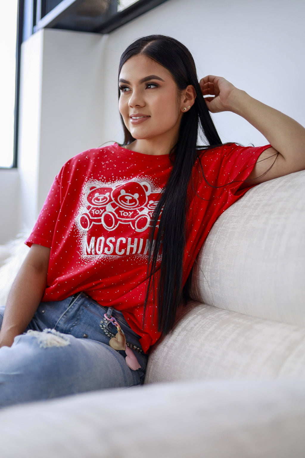Camiseta oversize unicolor con brillos y estampado de osos