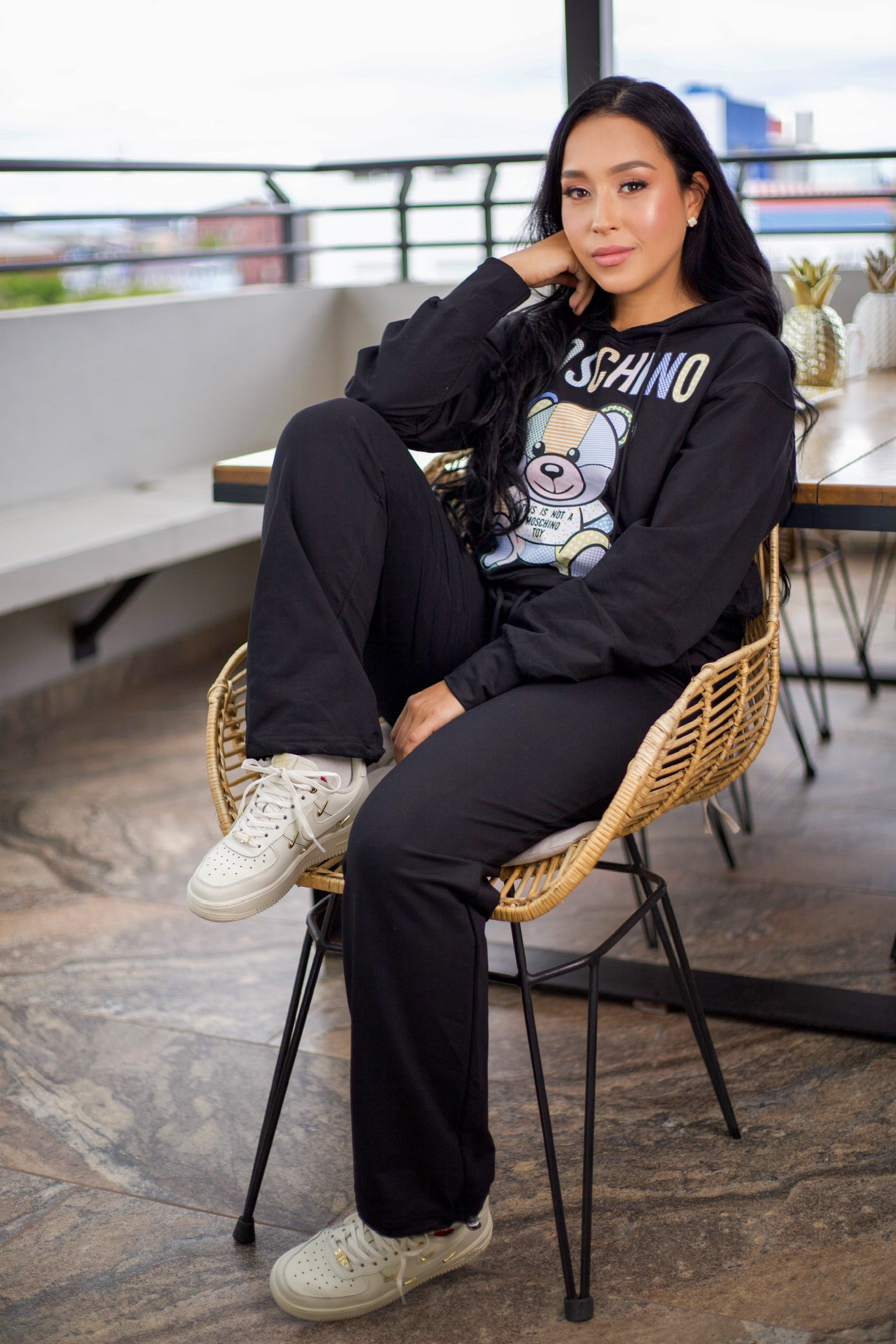 Conjunto de buso y pantalón unicolor con estampado de oso, en tela de algodón, talla única
