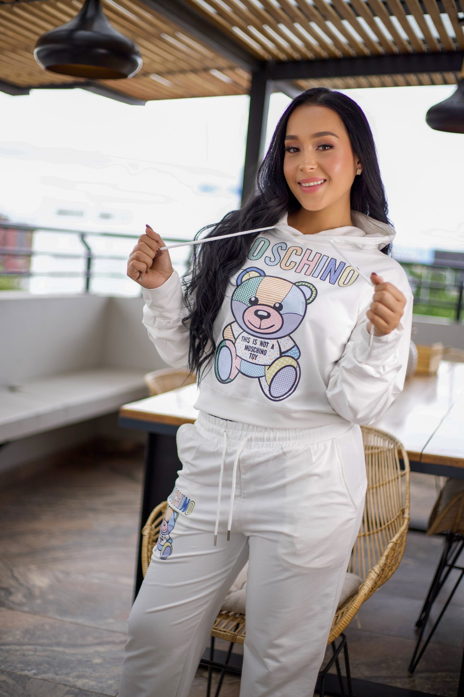 Conjunto de buso y pantalón unicolor con estampado de oso, en tela de algodón, talla única