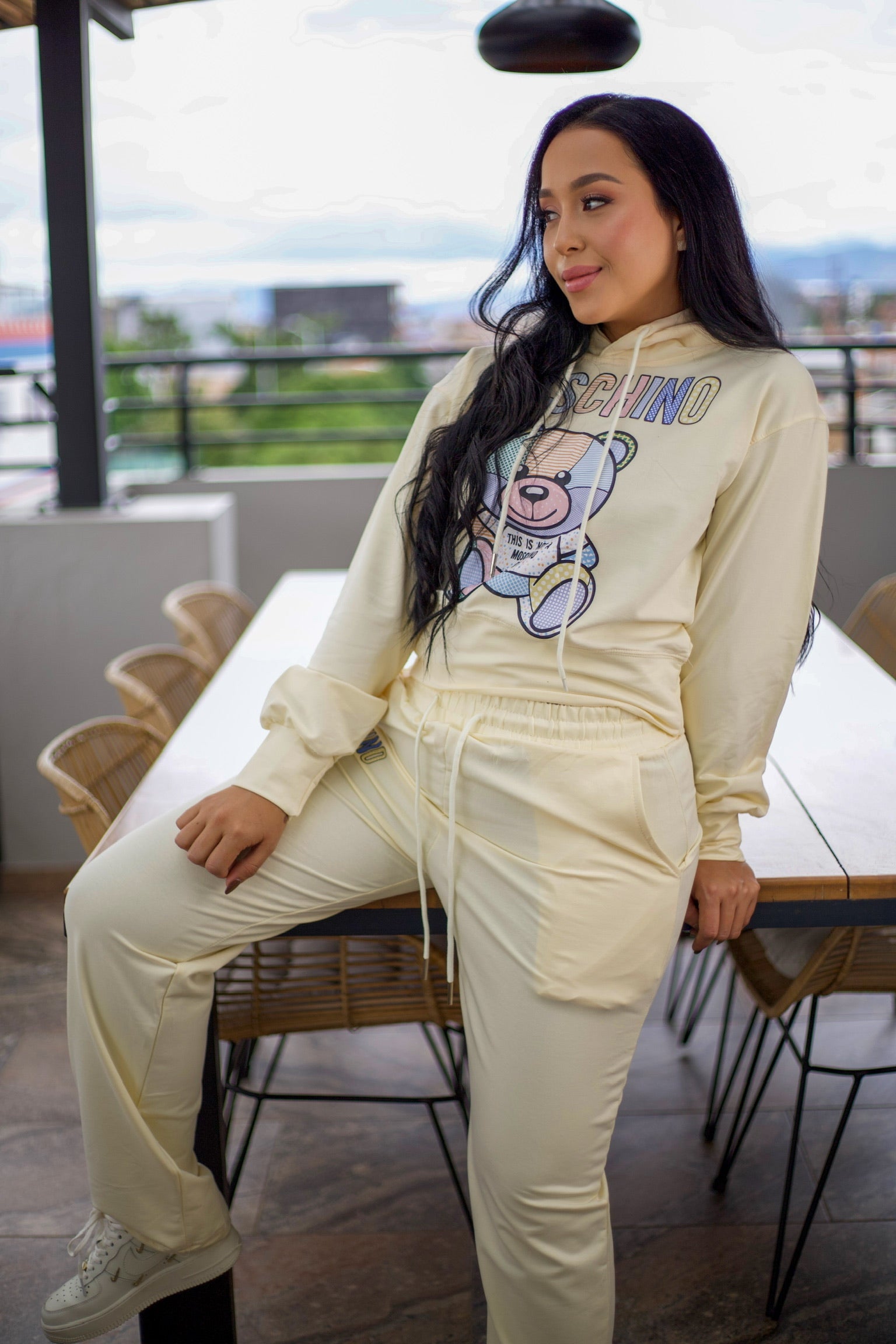 Conjunto de buso y pantalón unicolor con estampado de oso, en tela de algodón, talla única